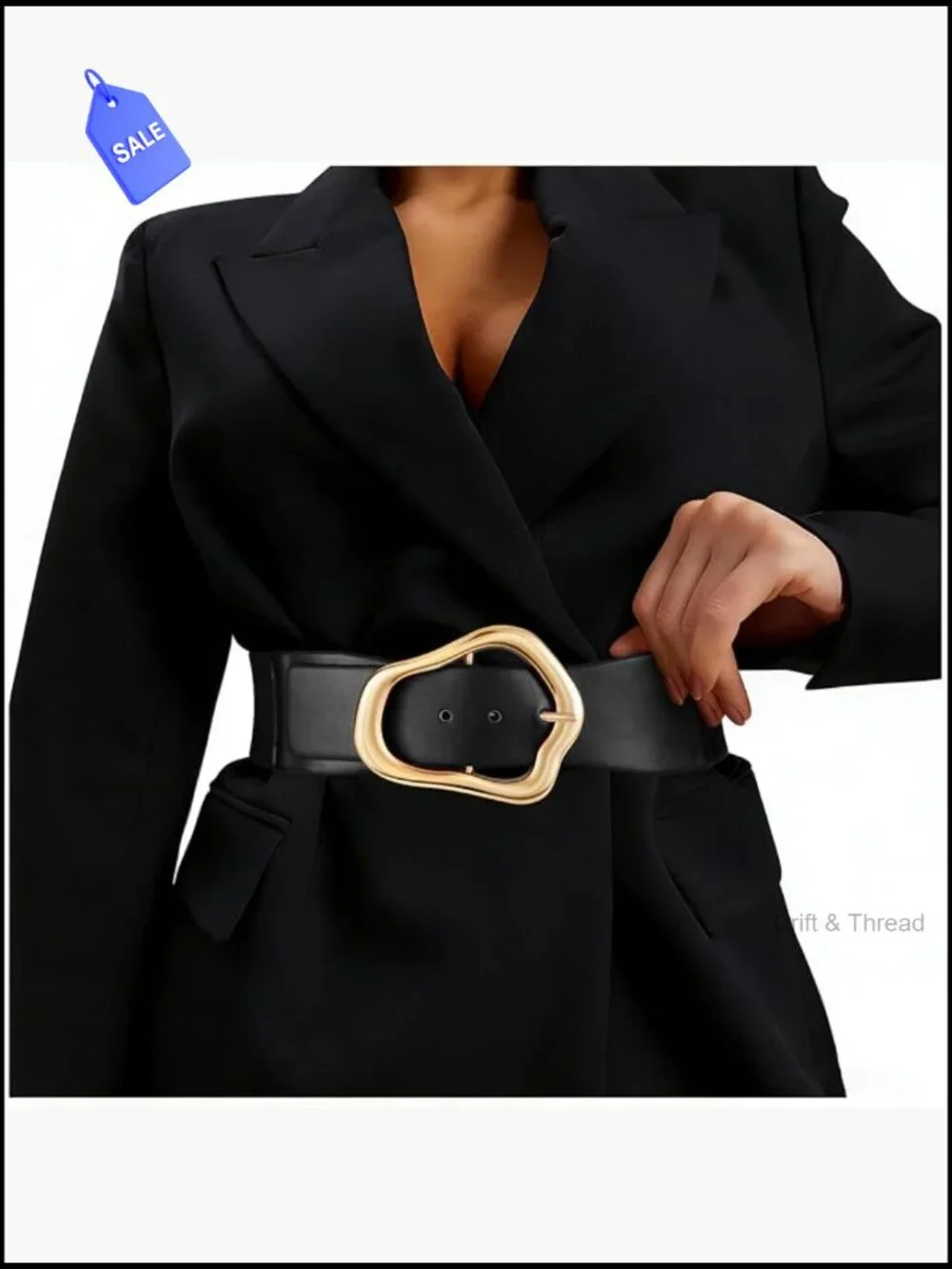 Wide Elastic Waist Belt with Large Gold Buckle Stretchy Leather Waistband